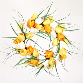 12 Inch Artificial Spring Wreath White Tulip Flower Floral Wreath for Front Door Wall Wedding Party Home Decor