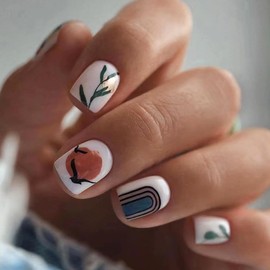 24 Pcs White Press on Nails Short Square - Cute Fake Nails Press ons Spring Nail Art Tips Full Cover False Nails with Leaves Gold Foil Glitter Design Glue on Nails Kit Acrylic Set for Women