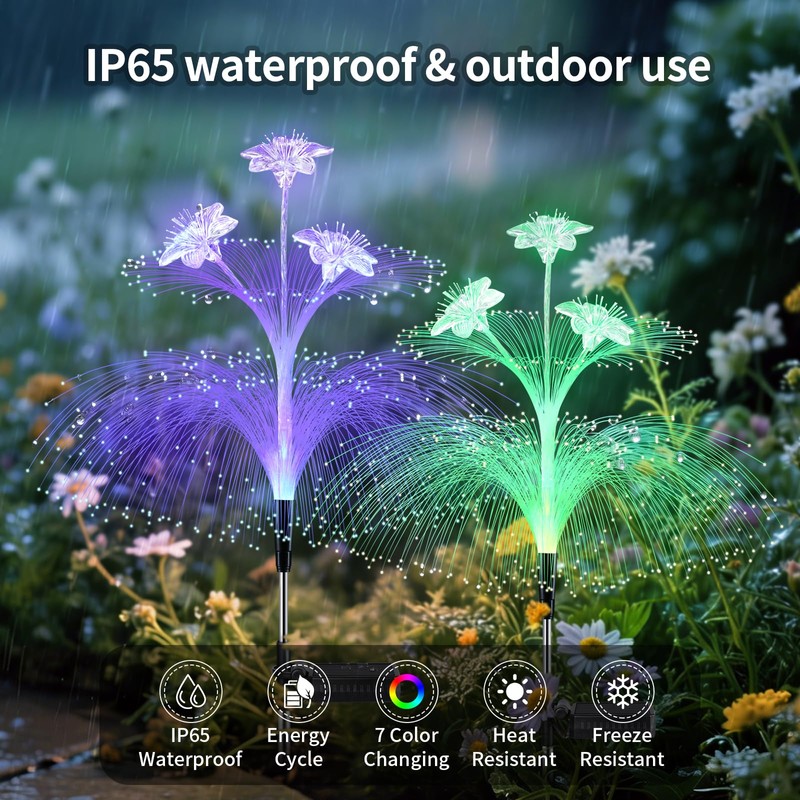 BEIDOULU Solar Lights Outdoor 2 Pack, Fiber Optic Flower Solar