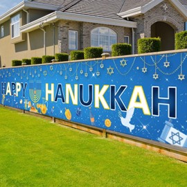 CZAYEFNH Happy Hanukkah Party Decorations, 98 x 20 Inch Happy Hanukkah Theme Banner Background Blue Fabric, Jewish Hanukkah Party Background Photo Booth Decor