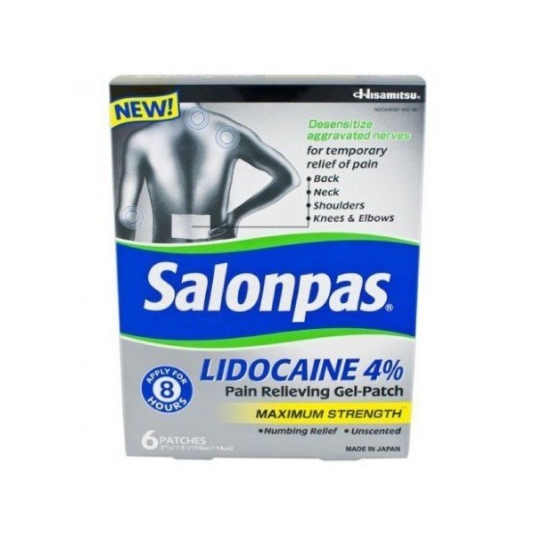Salonpas Lidocaine 4% Pain Relieving Maximum Strength Gel-Patch 6ct (Pack of 2)