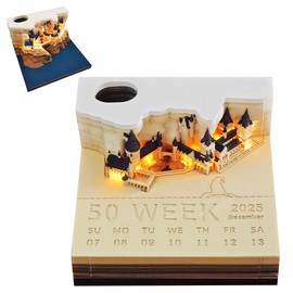 Lotvic Time Piece Calendar, 2025 Desk Calendar with LED Light, 3D Calendar Paper Carving Art Memo Pad, Castle Tear off Calendar for Home Office Desktop Decoration Christmas Housewarming Gift
