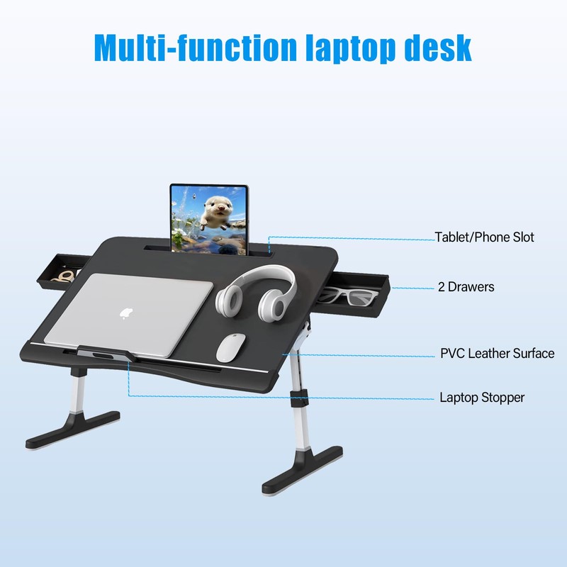 Bed Desk for Laptop, Adjustable Lap Desk with 2 Storage