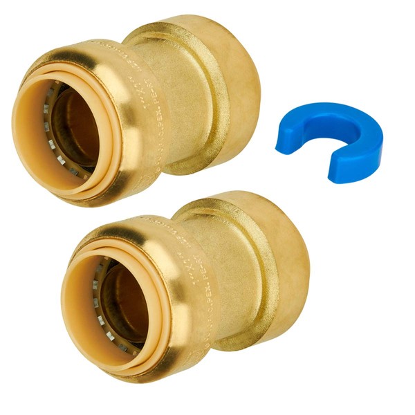 SUNGATOR 1-Inch Push-Fit Straight Coupling, Push-to-Connect PEX, Copper, CPVC, No Lead Brass Plumbing Fittings with Disconnect Clip (2-Pack)