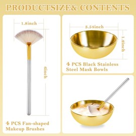 DLUGOPIS Set de 8 Piezas de Boles Y Brochas Faciales Doradas: 4 Boles Mezcladores de Acero Inoxidable Dorado, 4 Brochas de Abanico Faciales, Brocha para Mascarillas Faciales de Esteticista para Maquil