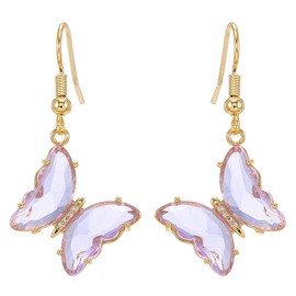 CZ Butterfly Glass Drop Dangle Earrings for Women Teen Girls 925 Sterling Silver Post Pin Cubic Zirconia Gold Plated Hypoallergenic Nickel Free Cute Charms Dangling Stud Earring Dainty Wedding Birthday Mother's Day Jewelry Gift (Purple)