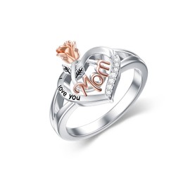 POPKIMI Gifts for Mom Mom Ring with Rose Flower I Love You Mom Jewelry 925 Sterling Silver Jewelry