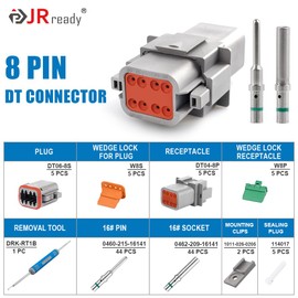 JRready Deutsch DT 8 Pin Connector Kits with Size 16 Solid Contacts(14-20AWG), ST6328-8 DT Waterproof Connector 8 Pin 5 Sets and Deutsch Pin Removal Tool DRK-RT1B with Mounting Clips