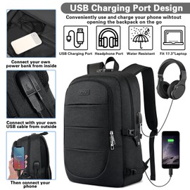 AMBOR Travel Laptop Backpack for Ｍen, 15.6-17.3 inch Laptop Backpack for School, Anti Theft Business Work Backpack with USB Charging Port, Water Resistant College Computer Bag for Men & Women, Black