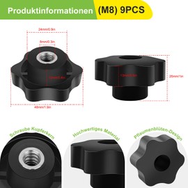 Star Grip Nut Star Handle M8 Non-Slip Internal Thread Clamping Knob 9 Pieces Insulation Knurled Button Through Hole for Machine Tools Mechanical Devices Furniture Decoration Electronic Devices