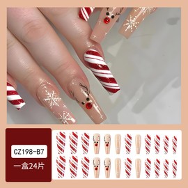 Christmas Press on Nails Long Coffin Fake Nails Nude False Nails Press ons with Designs Snowflake Elk Acrylic Nails Full Cover Glossy Glue on Nails Stick on Nails for Women Nail Decorations 24 Pcs