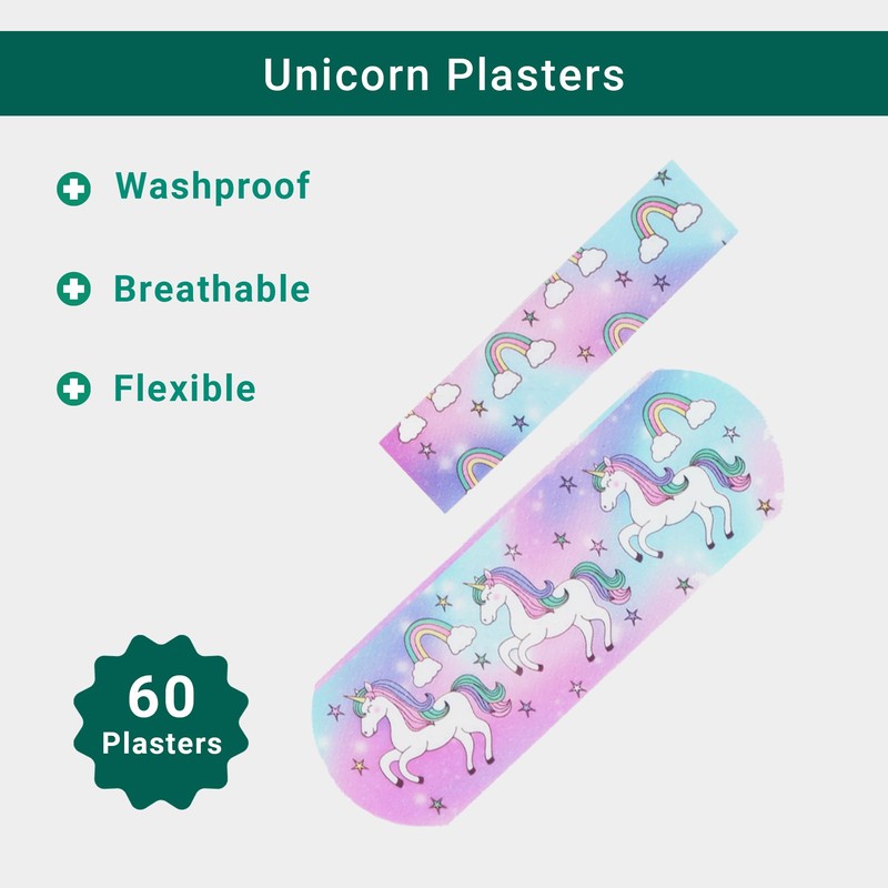 60 Individually Wrapped Children’s Unicorn Plasters – Breathable, Flexible and