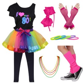 I Love 80s Rainbow Tutu Skirt Child Girl's Costume Accessories Set (7-8, Rainbow with Leggings)