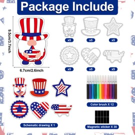 30 Sets Patriotic 4th of July Arts Crafts Coloring Magnets Kits for Fridge Kids Color Your Own Memorial Day DIY Magnetic Star Hats Crafts for Independence Day Party Decors Classroom Home Activity Game