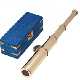 Solid Brass Pirate Spyglass Telescope Antique Handheld Sailor Scope with Blue Wooden Box Nautical Maritime Decor for Home, Desk, Office & Unique Gifting