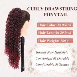 AEYAB Long Curly Drawstring Ponytail for Women Ombre Burgundy Curly Ponytail Extension Red Kinky Curly Clip in Ponytail Hair Extensions for Women 20 Inch