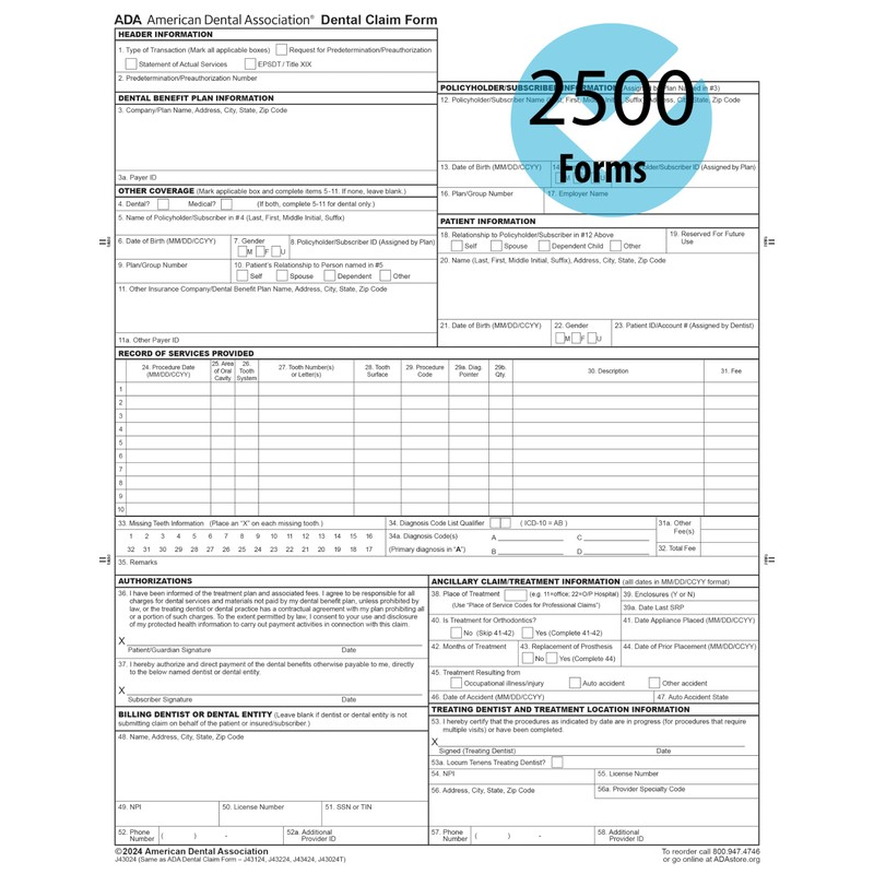 2024 New ADA Dental Claim Form- 2500 sheets