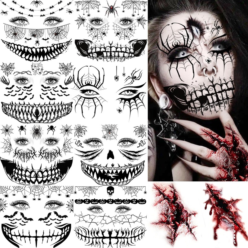 10 Sheets Scary Face Tattoos Halloween Temporary Tattoos Horrible Stitch