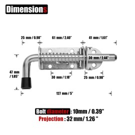 JQK Spring Loaded Latch Pin, 304 Stainless Steel Barrel Bolt Thickened 2mm Door Lock, 5 Inch Brushed Finished(10 Pack), HSB300-P10