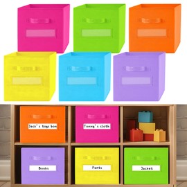FillTouch 18pcs 11 Inch Fabric Storage Cubes Sturdy Colorful Cube Storage Bins with Label Window Handle Foldable Baskets for Kids Organizing Clothes, Toys, Books(Bright Color)