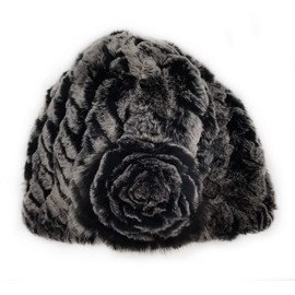 100% Rex Rabbit Knit Fur Hat with Flower - Chinchilla