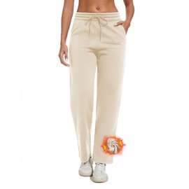 Choosefree Women's Fleece Lined Sweatpants Thermal Winter Straight Legs Sweat Pants Drawstring Workout Pants with 3 Pockets Beige