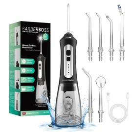 BarberBoss Water Flosser, Portable Oral Irrigator, Electric Tooth Flosser, Plaque Remover for Teeth, Dental Flosser, Teeth Cleaning Kit, Cordless Water Flossers for Gum Health, QR-7025 (Black)
