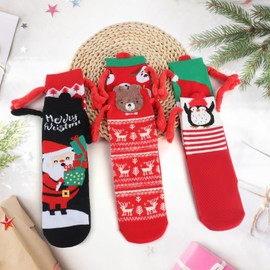 HIULLEN Magnetic Christmas Socks, 6 Pairs of Hand in Hand Socks, Christmas Socks, Magnetic Arms, Funny Magnetic Suction 3D Doll Couple, Christmas Gift for Family, Lover, Friend, red
