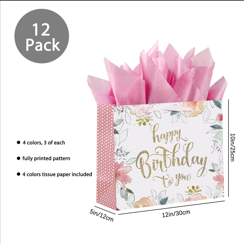 OfficeCastle 12 Pack Large Birthday Gift Bags with Tissue Paper,