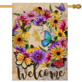 Welcome Summer Flower Wreath Home Decorative House Flag, Daisy Floral Garden Yard Vintage Butterfly Decor Outside Decorations, Spring Farmhouse Outdoor Large Burlap Flag Double Sided