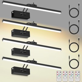 4 Pack Rechargeable Picture Light, 5200mAh Black Battery Operated Picture Lights for Wall with Remote Control, 300LM 3000K Warm White Light 16" Metal Dimmable Picture Light for Painting & Artwork