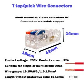 T Tap Quick Wire Connectors Dujelixa (15-13AWG, Red and Blue 2T ~ 2) 8 pcs, PC and Tinned Copper Wire Connectors Push Fit, No need to tear off wires or power off Plug and Play