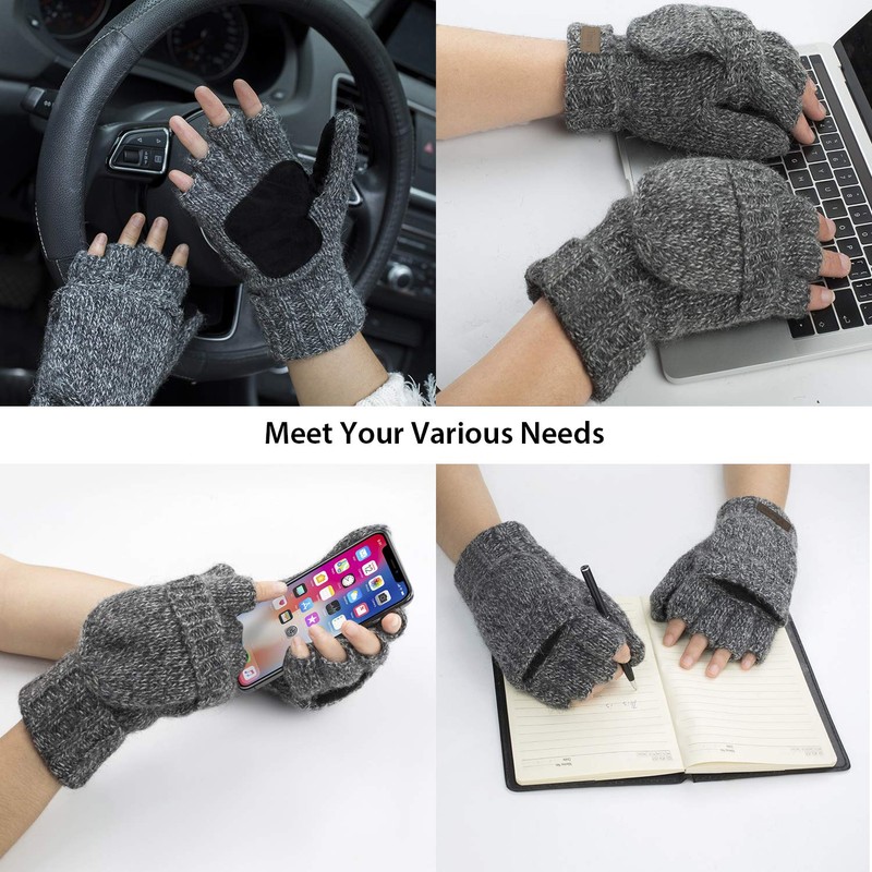 ViGrace Winter Knitted Convertible Fingerless Gloves Wool Mittens Warm Mitten