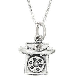 LGU Sterling Silver Oxidized 3D Rotary Dial Telephone Charm Pendant with Polished Box Chain Necklace (18 Inches)