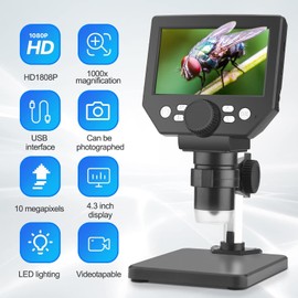 MINENICE Mikroskop Digital, 4.3-Zoll USB Microscopemit 8 LED-Leuchten 2600mAh Akku Unterstützt 64 GB Speicherkarte1080P 1000X HD 16 Sprachen Digitalmikroskop für Kinder Erwachsene Schullabor