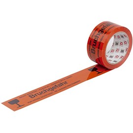 Packband mit Warndruck,"Bruchgefahr", 50mm breit, 66m lang, rot