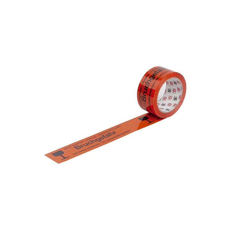 Packband mit Warndruck,"Bruchgefahr", 50mm breit, 66m lang, rot