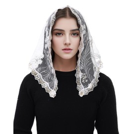 Mantveil Triangle Lace Mantilla Veil: White Gold Floral Short Chapel Veils for Church Catholic Women Latin Mass Head Covering with Clip
