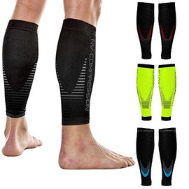 NV Compression Essential Race and Recover Calf Guards/Sleeves (PAIR) 20-30mmHg - For Sports Recovery, Shin Splints, Medical, Work, Flight - Running, Cycling, Gym (Bk/Grey Chevrons, S-M)