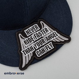 EMBROVERSE Embroidered Motorcycle Jacket Patch, Never Ride Faster Than Your Angel Can Fly, Sew or Iron On for Backpacks, Saddlebags, Hats, Pants, and Riding Gear, 4.4 x 2.6 inches
