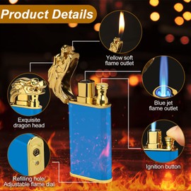 Cool Dual Flame Dragon Lighter,Outdoor Windproof Dragon Torch Lighter,Switchable Soft/Jet Flame Lighter,Double Flame Refillable Butane Lighter,Cool Lighter Creative Gift for Men Blue Without Butane