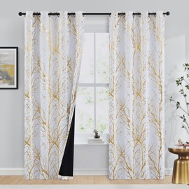 FMFUNCTEX 100% Blackout Gold Curtains for Bedroom, Curtains 96 Inches Long Tree Branch Thermal Curtain Drapes for Living Room Darkening, Farmhouse Window Curtains Grommet Top 2 Panels
