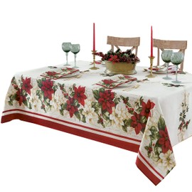 Newbridge Christmas Presley Red and White Poinsettia Double Bordered 60 x 102 inch Rectangle Fabric Tablecloth, Holiday Cottage Floral Border Print Table Cover for Dining Party