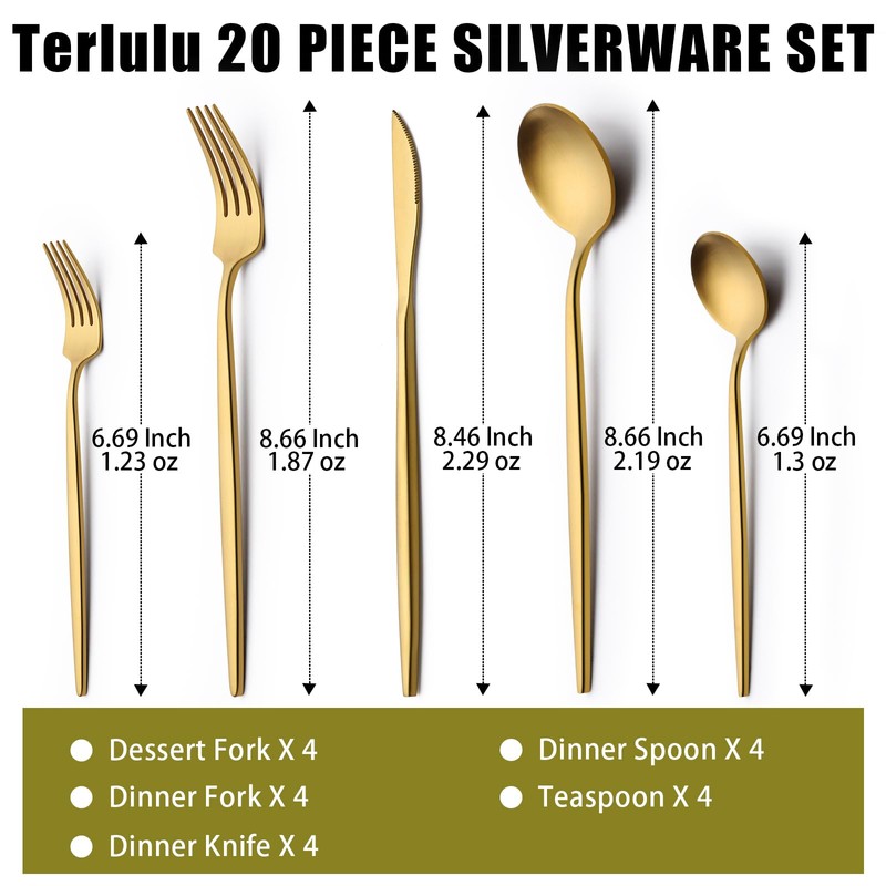 20 Piece Gold Silverware Set for 4, Terlulu Stainless Steel