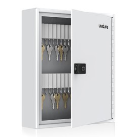 Uniclife 60 Position Slotted Key Cabinet with Combination Lock Resettable White Digital Security Storage Box Steel Key Organizer with Slotted Racks White Key Tag Labels and Permanent Pen