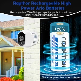 Rapthor Rechargeable 3.7V CR123A Lithium Batteries 750mAh Compatible with Arlo Cameras Flashlights Smart Sensors (8 Pack)Color: Blue, Nominal Voltage: 3.7V, Nominal Capacity: 750mAh