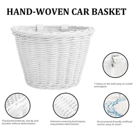 Bike Basket Kids Front, Hand-Woven Bicycle Front Basket, Multi-Color Boys Girls Front Bicycle Basket Tricycle Cruiser Bikes & Folding Bike Basket for Kids Adults (White)