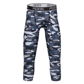 PIQIDIG Youth Boys Compression Pants 3/4 Basketball Tights Sports Capris Leggings (Camo Gray, X-Small)