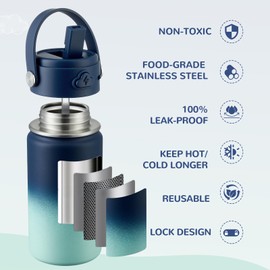 Kids Water Bottle with Straw, 14oz Insulated Stainless Steel Tumbler, Leak-Proof Locking Lid for School, Lunchbox, Outdoor Sports, Case with Shoulder Strap(1 Pack, Midnight Mint)