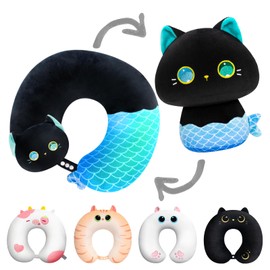 Mewaii Kids Travel Pillow, Green Mermaid Big Eye Cat Plush Toy, Cartoon Neck Pillow for Children Adults, Reversible Plush Squishy 2-in-1 Plush Toy for Airplane, Car, Train (10 Inches)